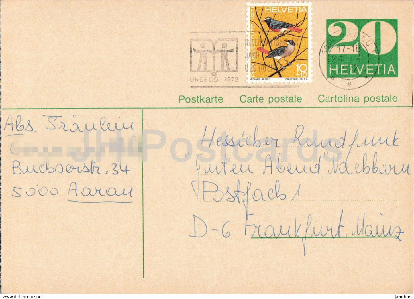 Guten Abend Nachbarn - Hessischer Rundfunk - postal stationery - 87 - 1972 - Switzerland - used - JH Postcards