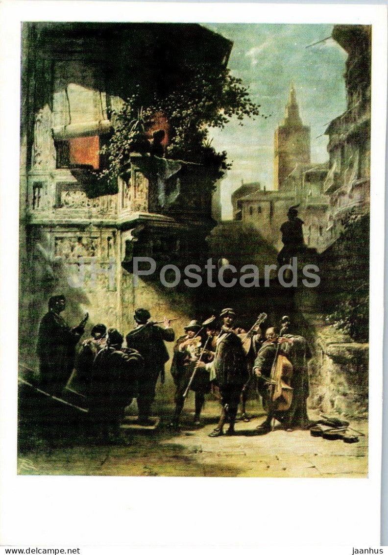 painting by Carl Spitzweg - The Spanish Serenade - Spanisches Standchen - German art - 1975 - Germany DDR - used - JH Postcards