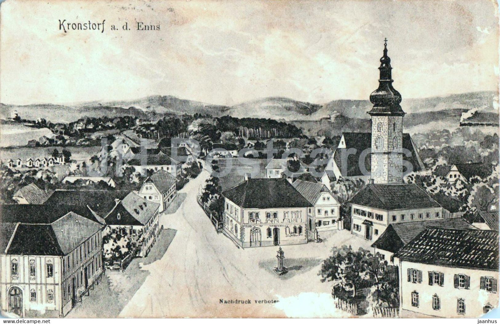 Kronstorf a.d. Enns - panoramic town view - church and main square - old postcard - 1908 - Austria - used - JH Postcards