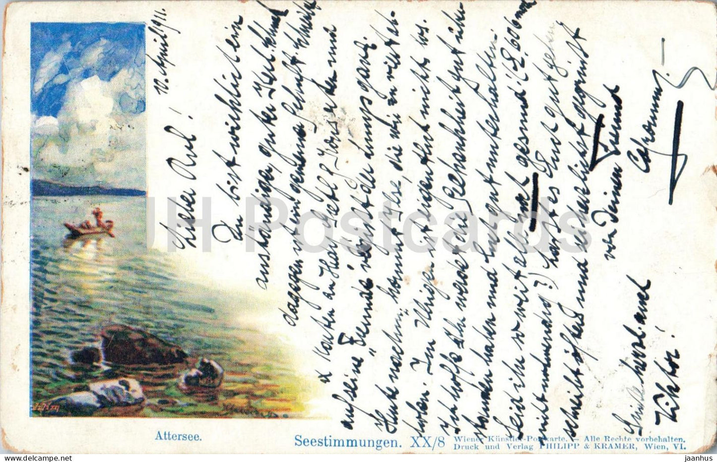 Attersee - Seestimmungen - lake view with boat - XX/8 - old postcard - 1911 - Austria - used - JH Postcards