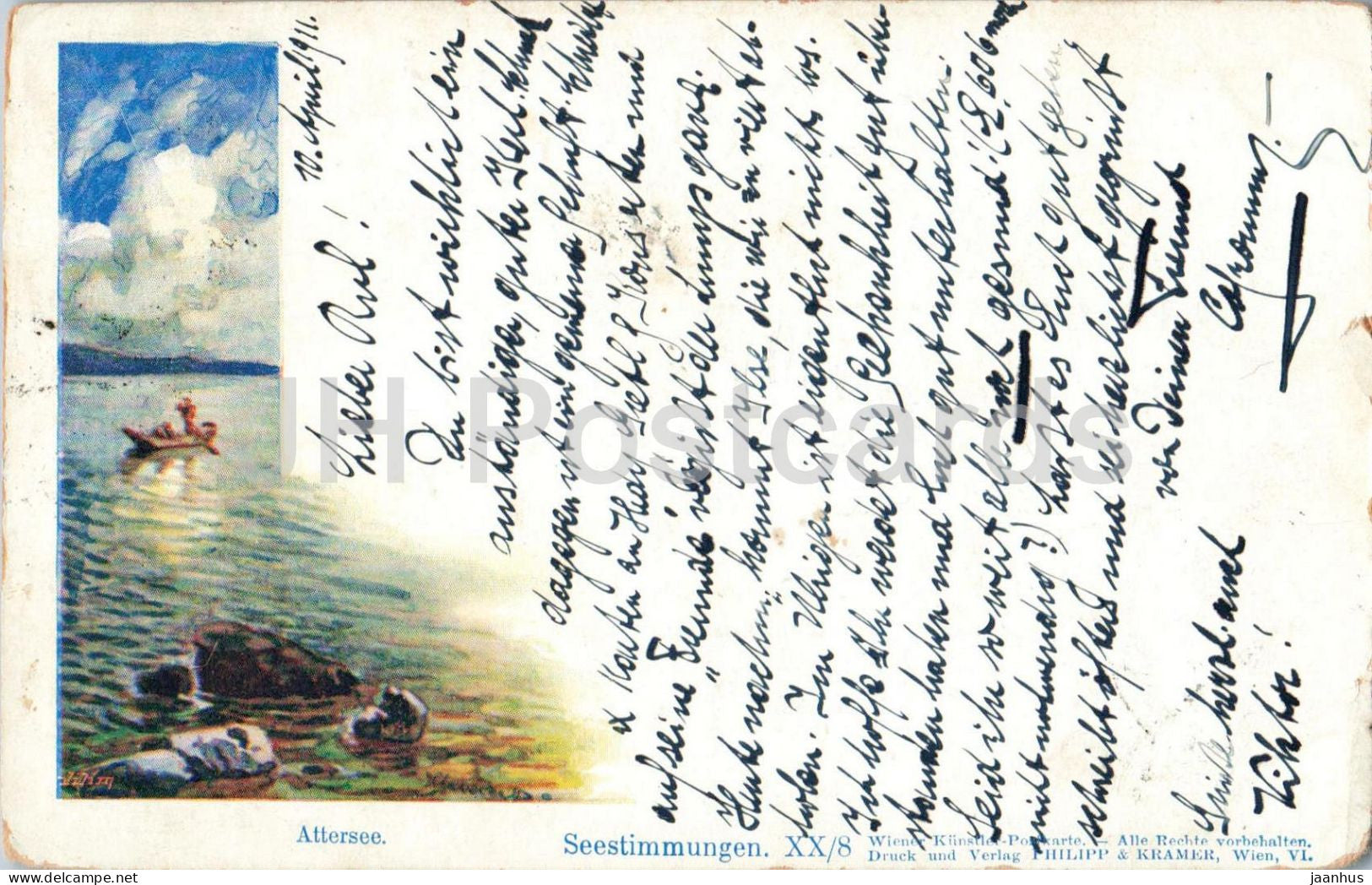 Attersee - Seestimmungen - lake view with boat - XX/8 - old postcard - 1911 - Austria - used - JH Postcards
