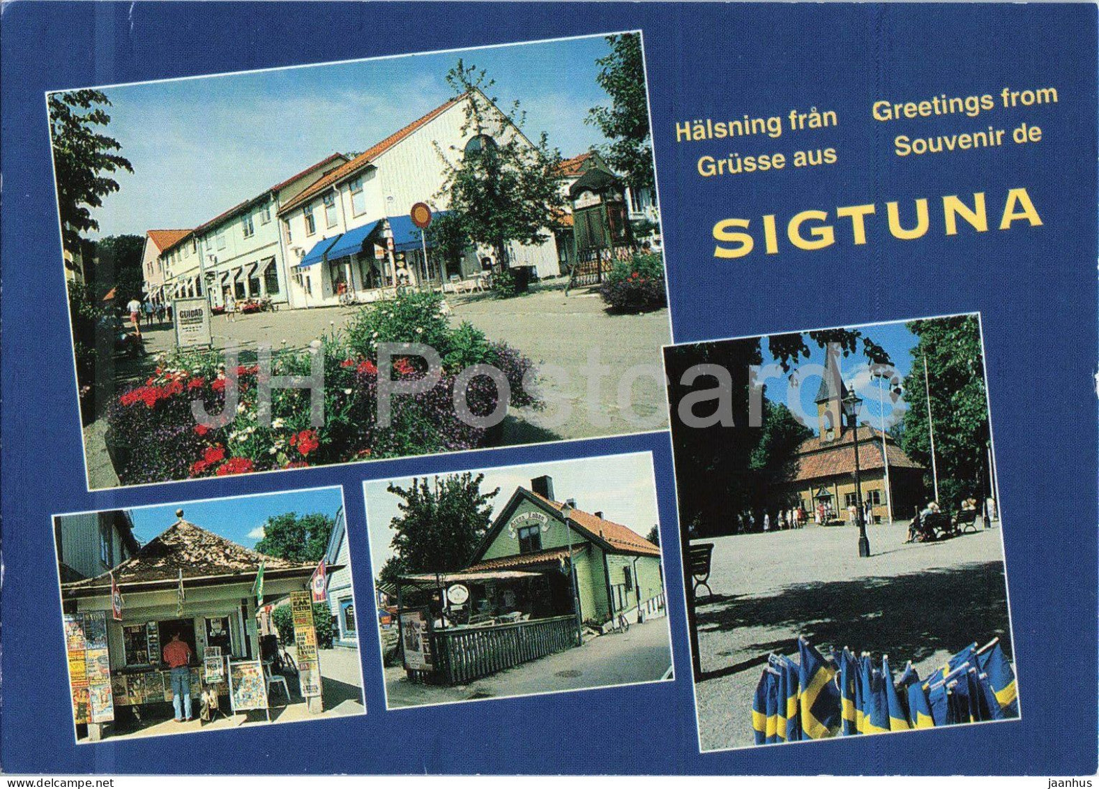 Sigtuna - Halsning fran - Greetings from Sigtuna - town multiview flowers - botanical - 1990s - Sweden - unused - JH Postcards