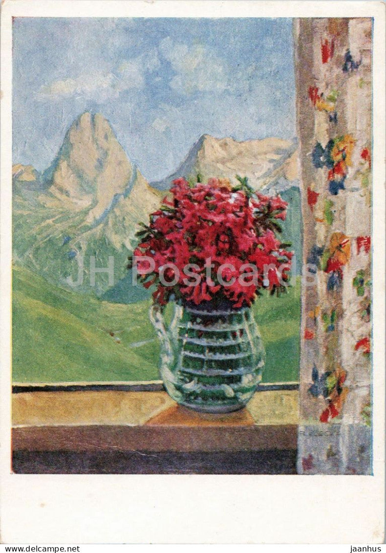 Franz Klecka - Alpenrosen - Alpine Roses - flowers - painting - Austrian art - old postcard - 1946 - Austria - used - JH Postcards