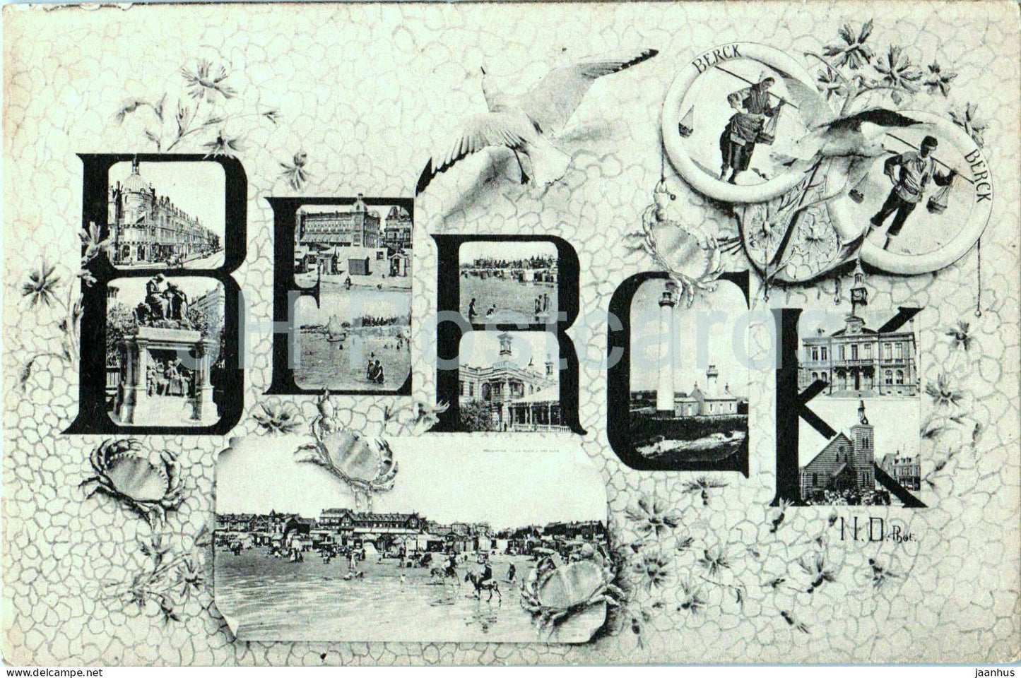 Berck - Multiview Large Letter Design with Crabs and Seaside Views - Feldpost - 140  old postcard - 1914 - France - used - JH Postcards