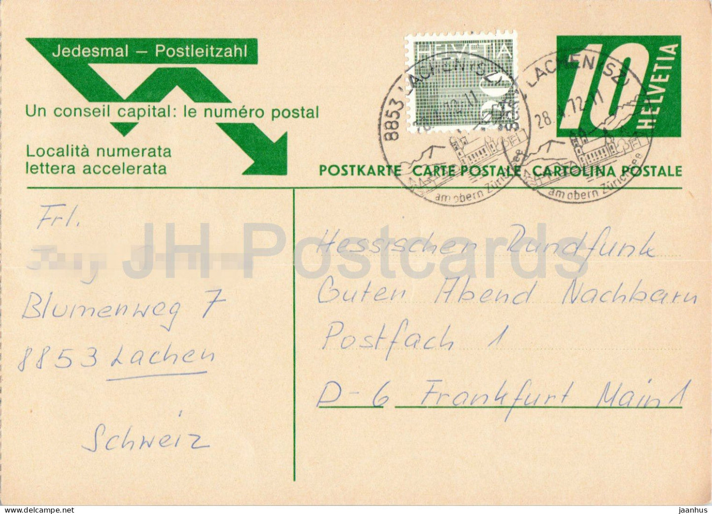 Guten Abend Nachbarn - Hessischer Rundfunk - postal stationery - 83 - 1972 - Switzerland - used - JH Postcards