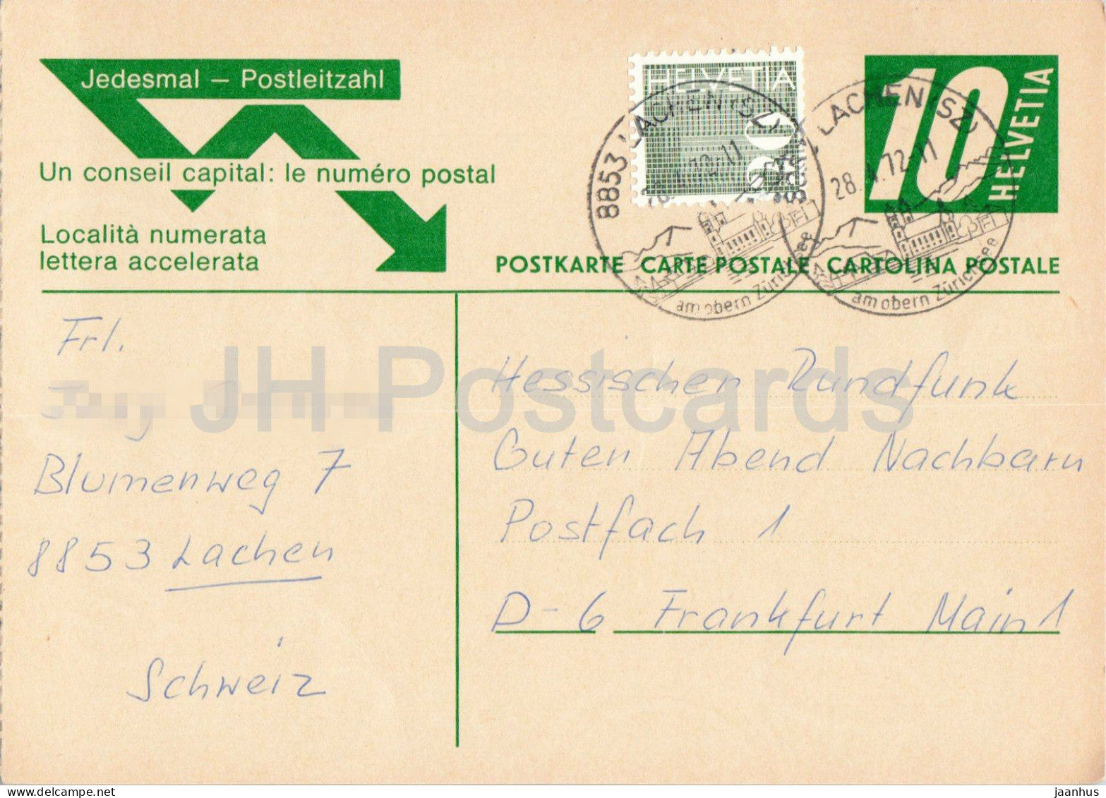 Guten Abend Nachbarn - Hessischer Rundfunk - postal stationery - 83 - 1972 - Switzerland - used - JH Postcards