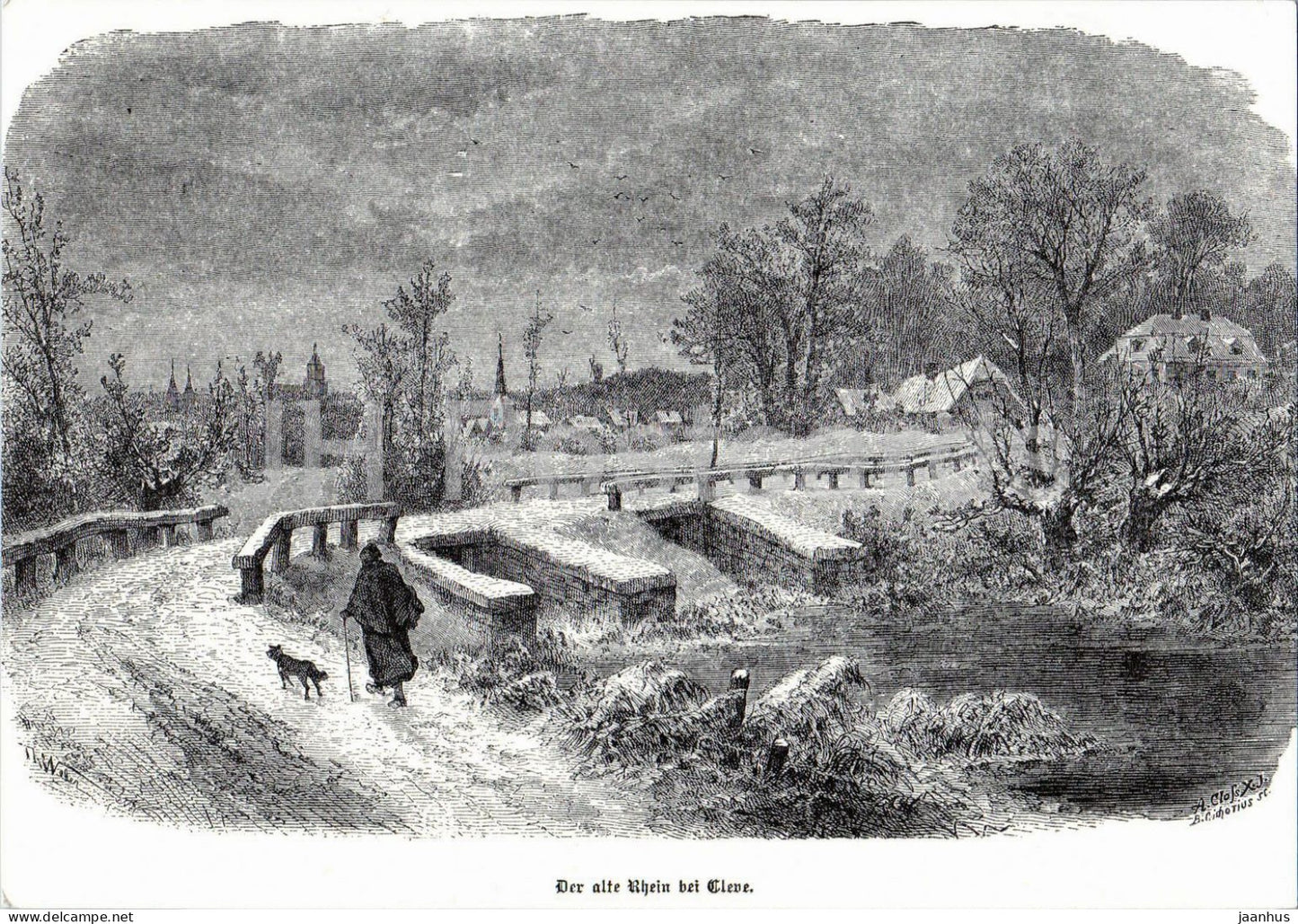 engraving - The Old Rhine near Cleve - Der alte Rhein bei Cleve - dog - German art - Germany - unused - JH Postcards