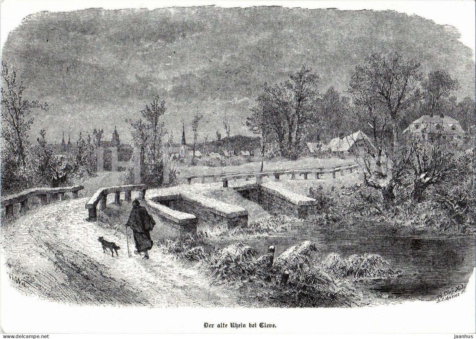 engraving - The Old Rhine near Cleve - Der alte Rhein bei Cleve - dog - German art - Germany - unused - JH Postcards