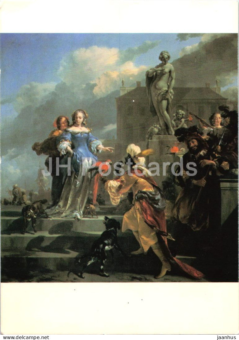 painting by Nicolaes Berchem - A Moor Presenting a Parrot to a Lady - dog - Dutch art - Switzerland - unused - JH Postcards