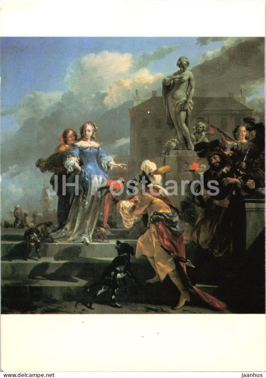 painting by Nicolaes Berchem - A Moor Presenting a Parrot to a Lady - dog - Dutch art - Switzerland - unused - JH Postcards
