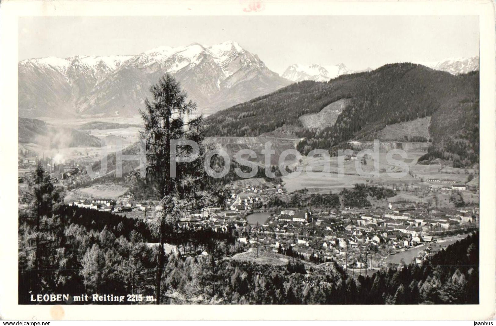 Leoben mit Reiting 2215 m - town view - mountains - valley - Alps - old postcard - Austria - used - JH Postcards