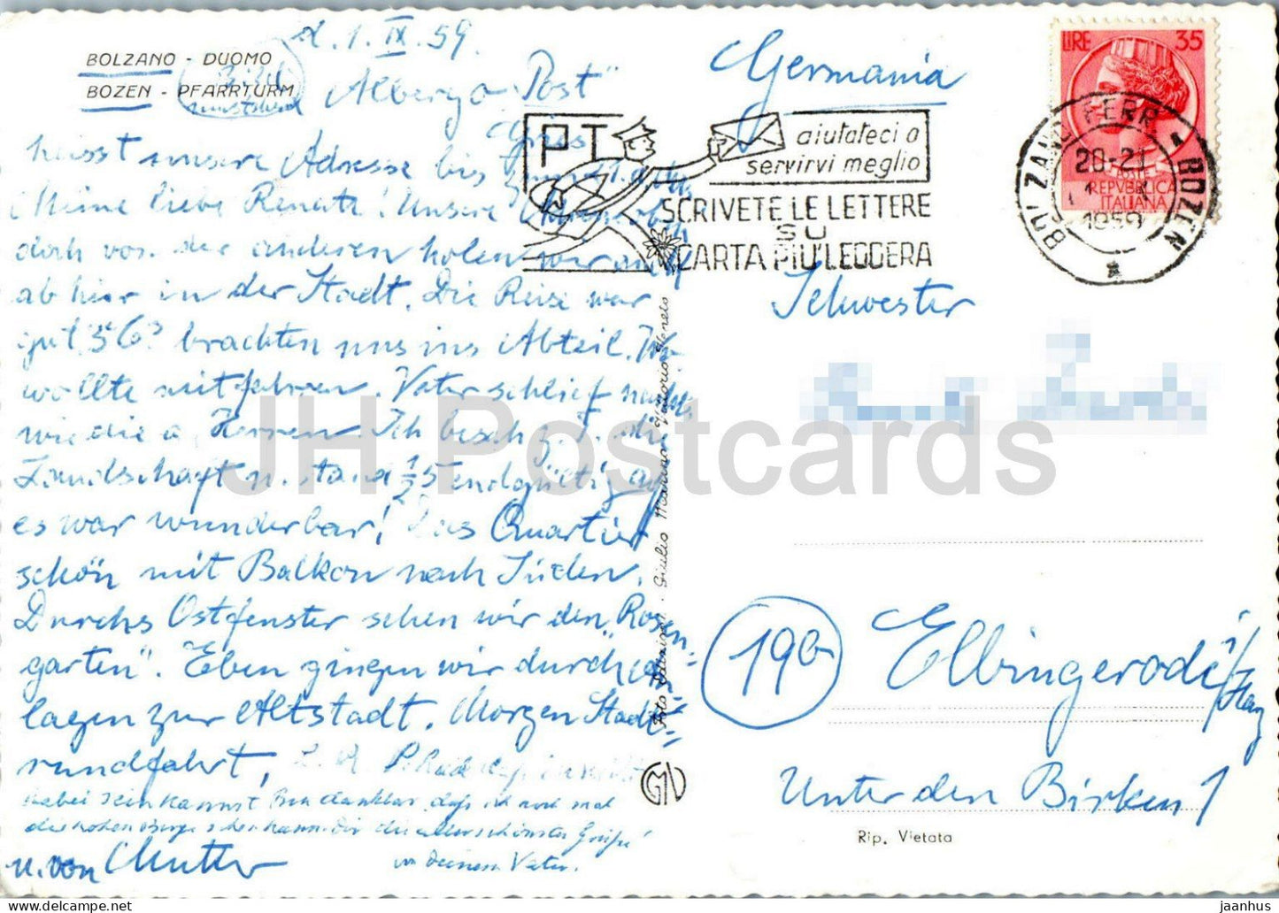 Bolzano - Duomo - Bozen - Pfarrturm - cathedral - church - car Volkswagen - 245 - old postcard - 1959 - Italy - used