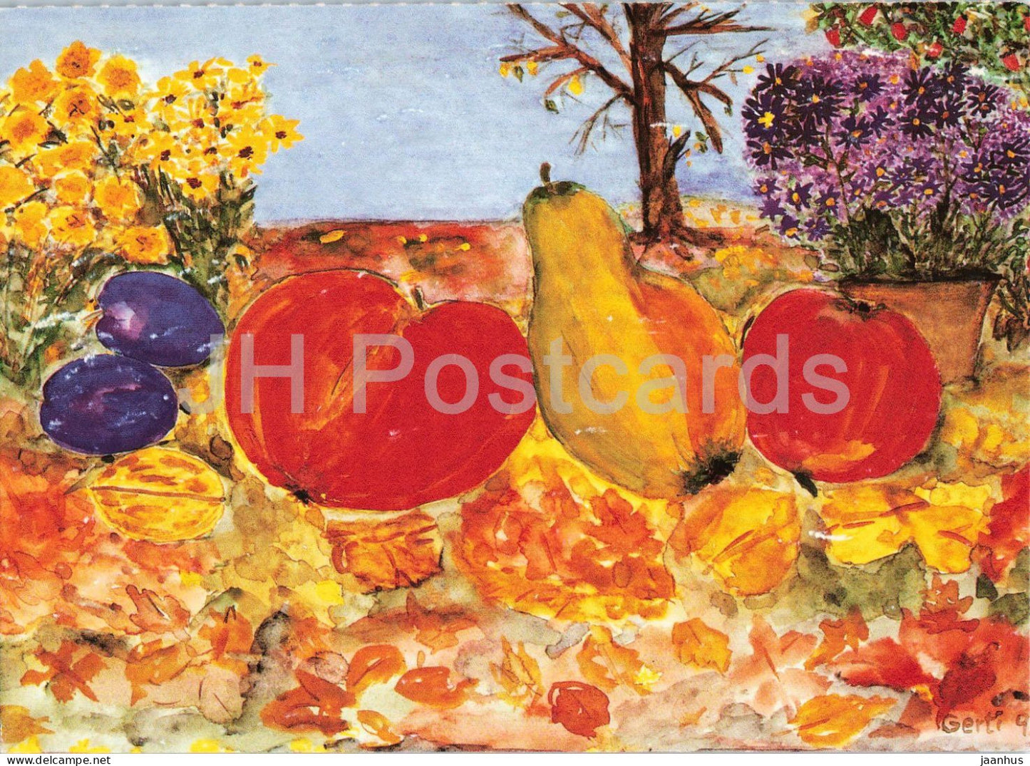 painting by Gerti - Fruit Day - Obsttag - still life with fruit - German art - Germany - unused - JH Postcards