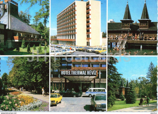 Heviz - Hotel Thermal Heviz - spa complex - multiview - car Mercedes Benz - RAF - 1991 - Hungary - used - JH Postcards