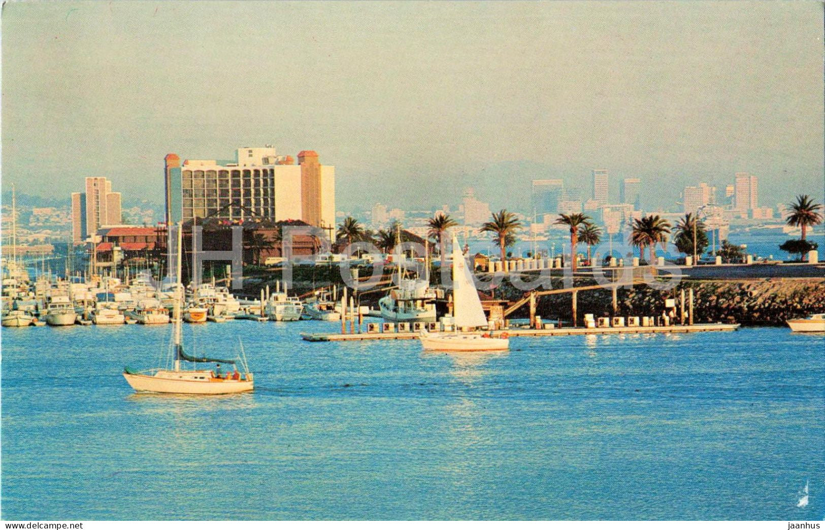 Harbor Island San Diego California - yacht - harbor - downtown skyline view - USA - unused - JH Postcards