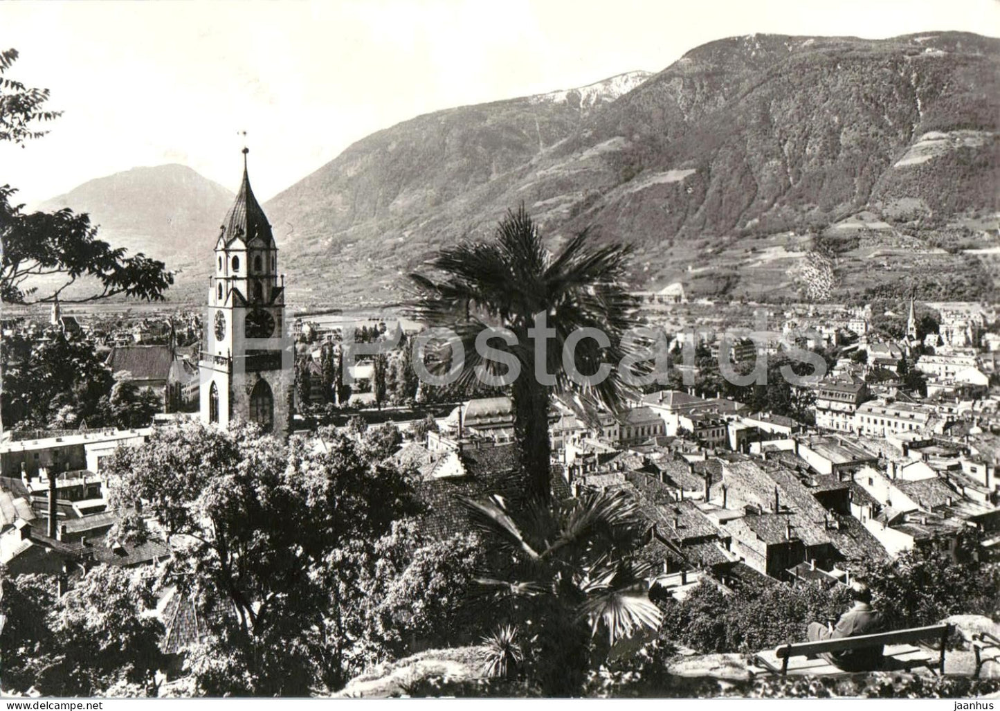 Luogo di Cura Merano - Kurort Meran - spa town - panorama - palm trees - Alps - mountains - 1966 - Italy - used - JH Postcards
