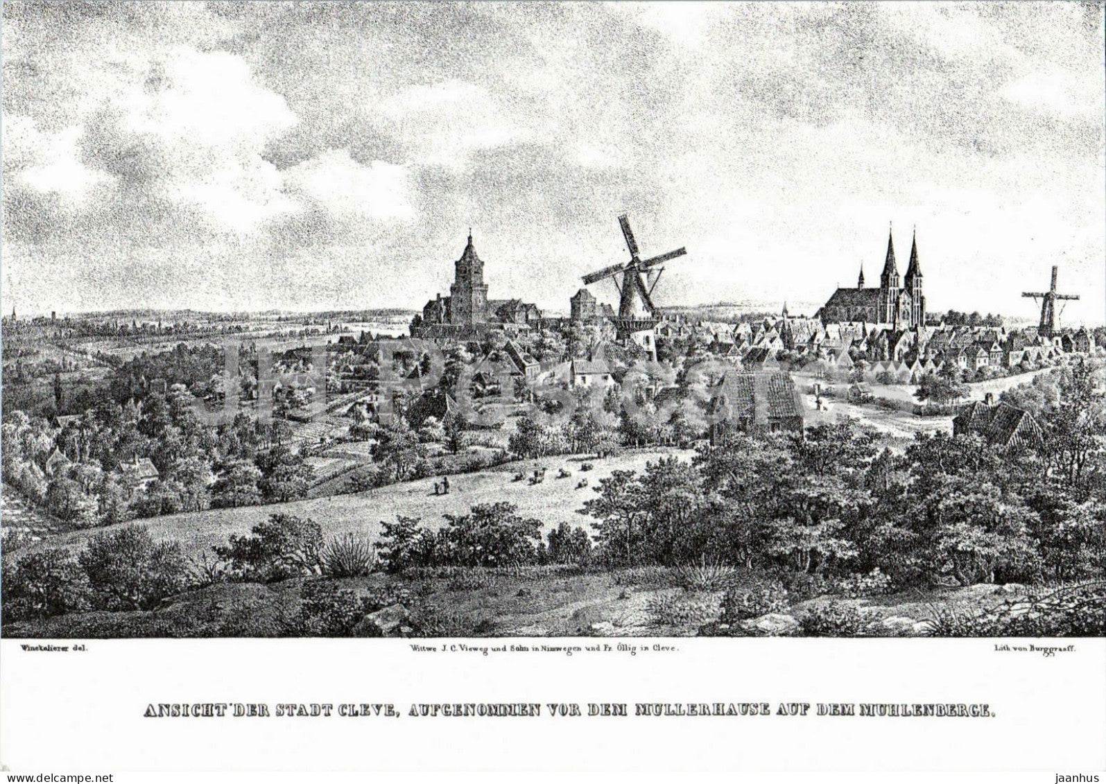 engraving - View of the Town of Cleve - Ansicht der Stadt Cleve - windmill - Germany - unused - JH Postcards