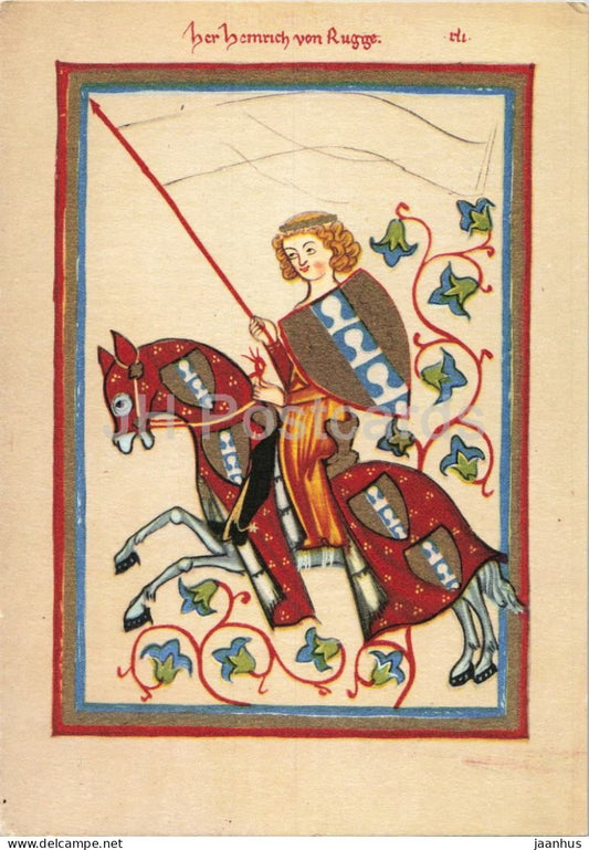 medieval miniature - Herr Heinrich von Rugge - Codex Manesse - horse - German art - Germany - unused - JH Postcards