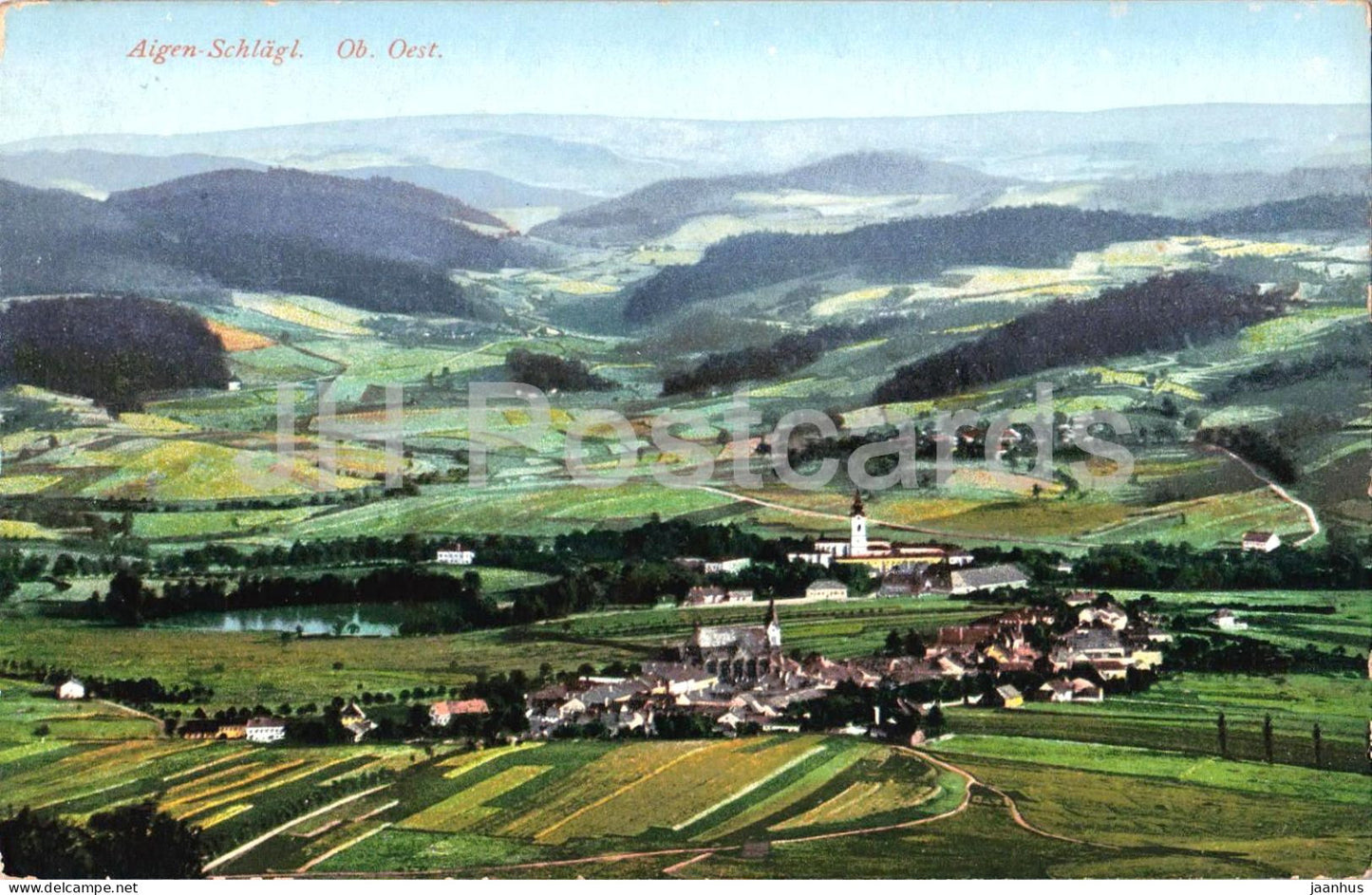 Aigen Schlagl - panoramic valley - Brauerei u Gasthof Almesberger F. Gruber - old postcard - 1900s - Austria - used - JH Postcards