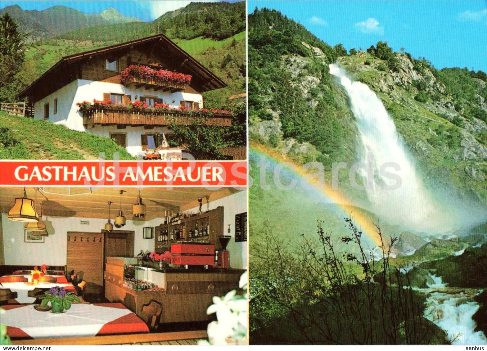 Gasthaus Amesauer - Inn - guesthouse - interior - waterfall - Tirol - multiview - 1981 - Italy - used - JH Postcards