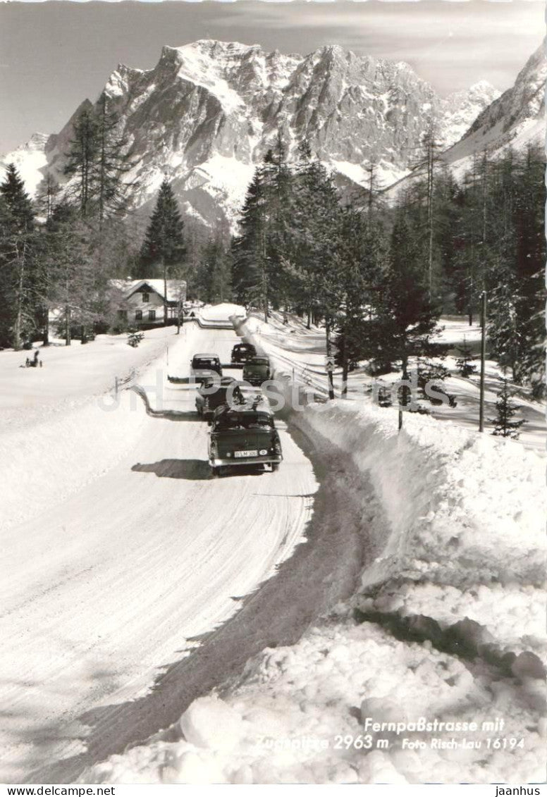 Fernpasstrasse mit Zugspitze 2963 m - mountains winter road alpine landscape car 16194 - old postcard - Austria - unused - JH Postcards