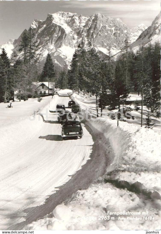 Fernpasstrasse mit Zugspitze 2963 m - mountains winter road alpine landscape car 16194 - old postcard - Austria - unused - JH Postcards