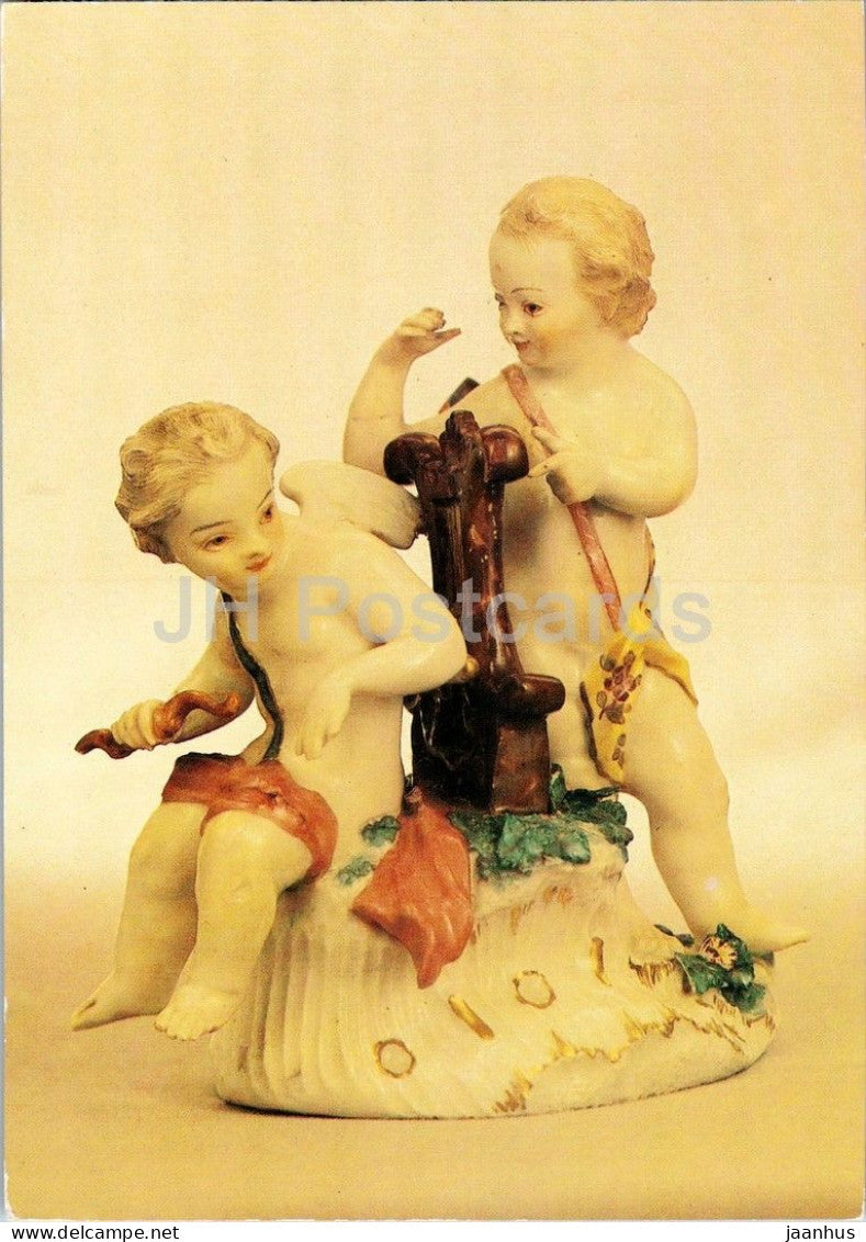 porcelain figure - Group of Putti with Lyre and Bow - Puttengruppe mit Lyra und Bogen - 1988 - Germany DDR - unused - JH Postcards
