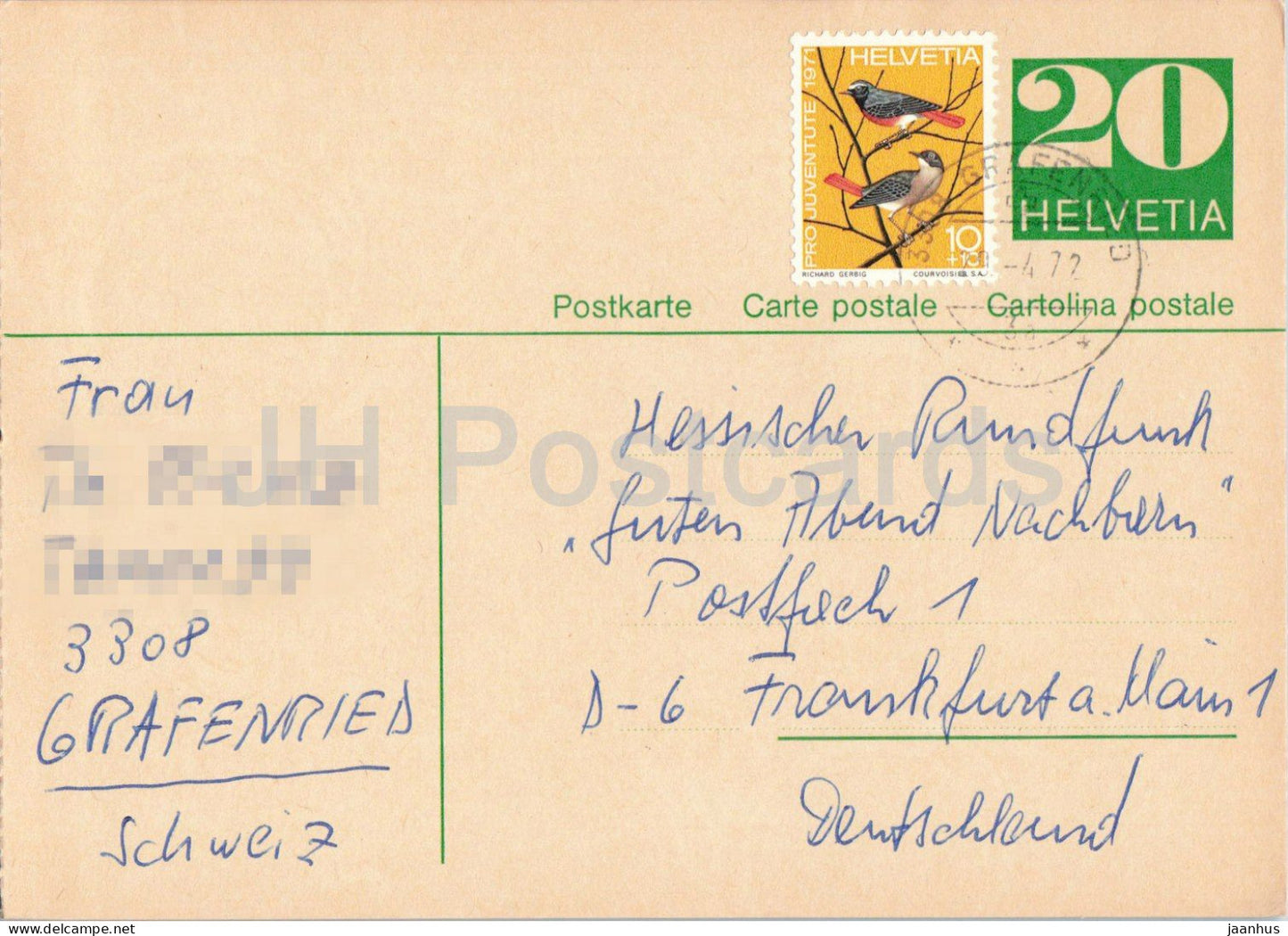 Guten Abend Nachbarn - Hessischer Rundfunk - postal stationery - 82 - 1972 - Switzerland - used - JH Postcards