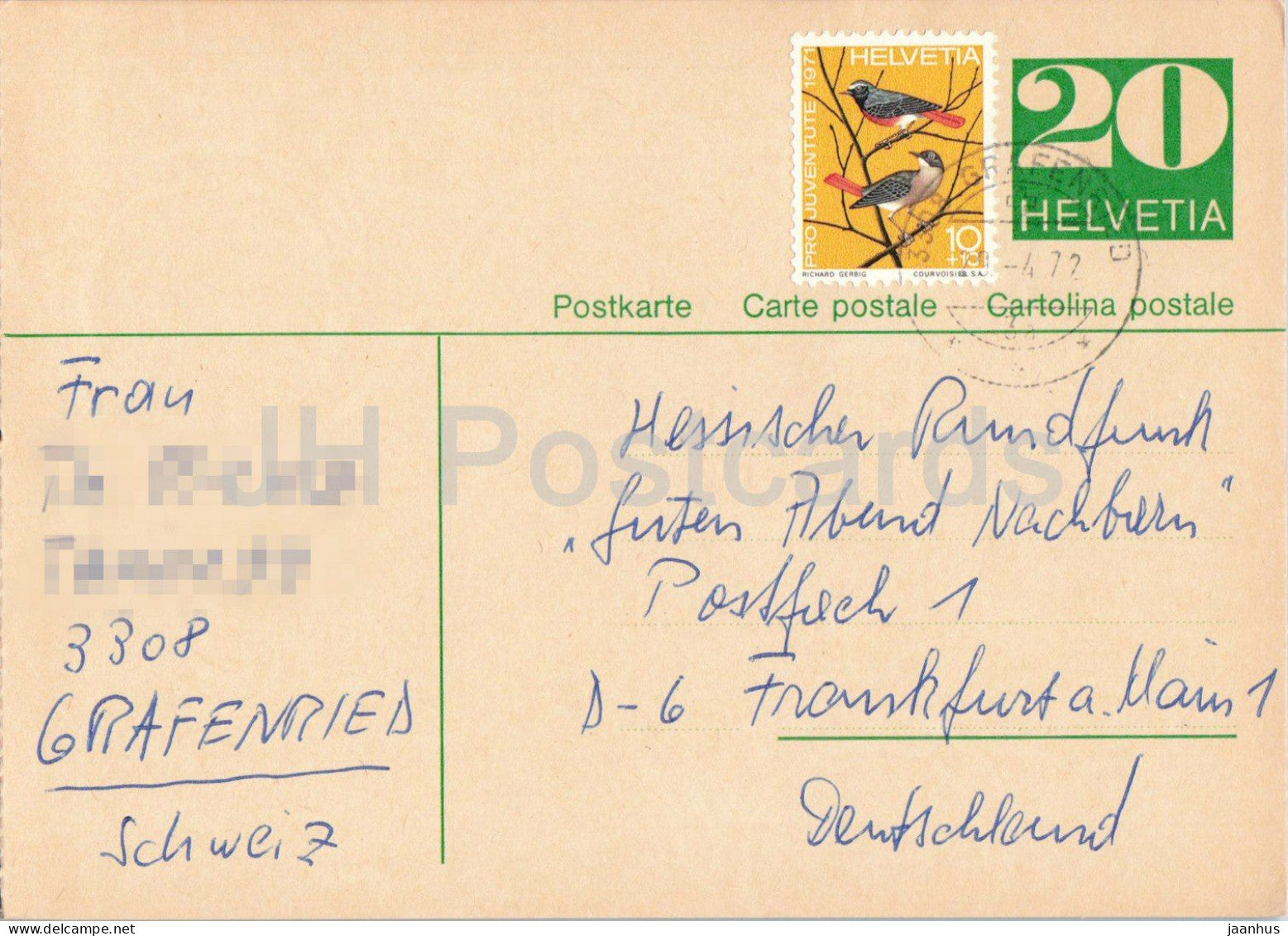 Guten Abend Nachbarn - Hessischer Rundfunk - postal stationery - 82 - 1972 - Switzerland - used - JH Postcards
