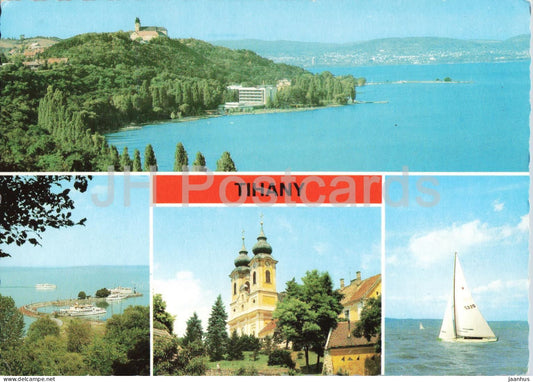 Tihany - church - sailing boat - Lake Balaton panorama - multiview - 1980 - Hungary - used - JH Postcards
