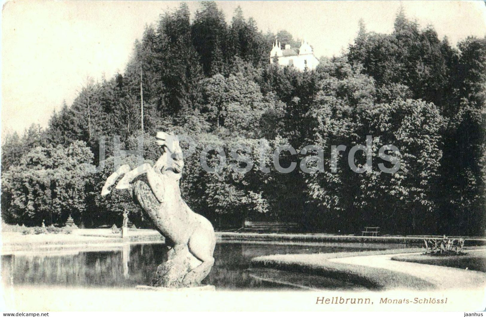Hellbrunn - Monats-Schlossl - Horse statue and pond with castle view - old postcard - Austria - unused - JH Postcards