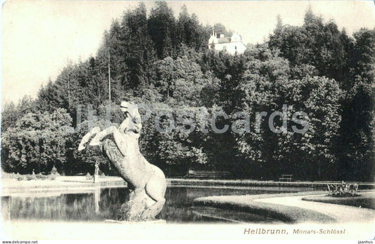 Hellbrunn - Monats-Schlossl - Horse statue and pond with castle view - old postcard - Austria - unused - JH Postcards