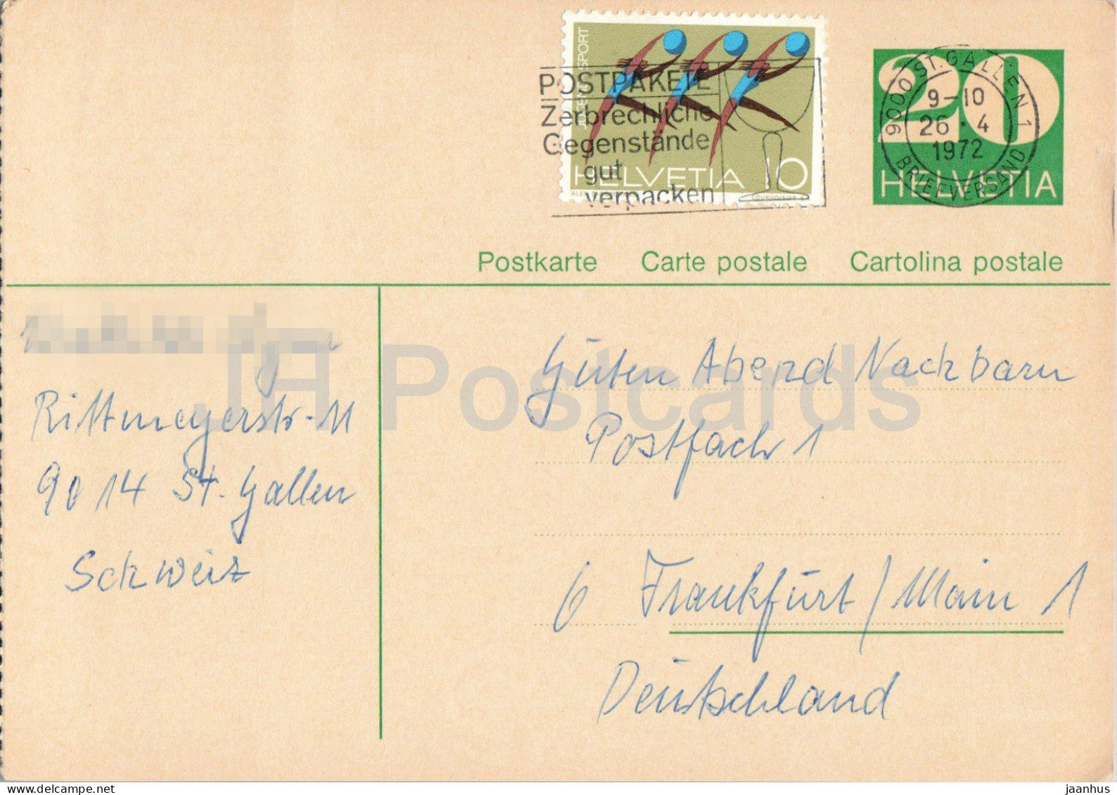 Guten Abend Nachbarn - Hessischer Rundfunk - postal stationery - 98 - 1972 - Switzerland - used - JH Postcards