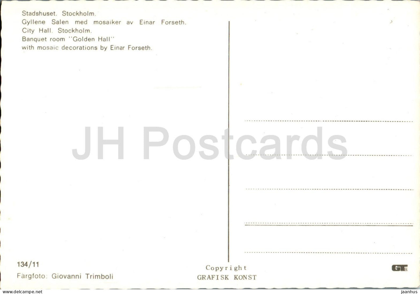 Stockholm - Stadshuset - Gyllene Salen med mosaiker av Einar Forseth - Salle de banquet - 134/11 - Suède - inutilisé 