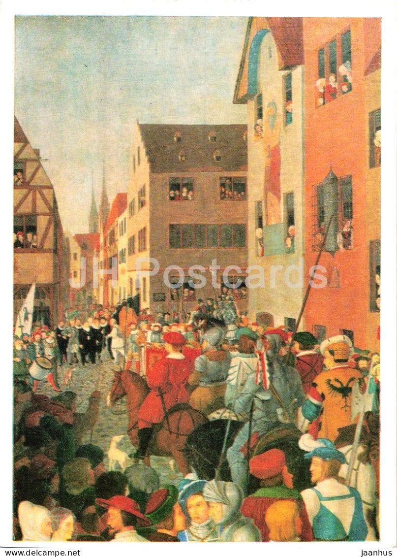 painting by Franz Pforr - Einzug Kaiser Rudolfs von Habsburg in Basel - horse - German art - 1984 - Germany DDR - unused - JH Postcards