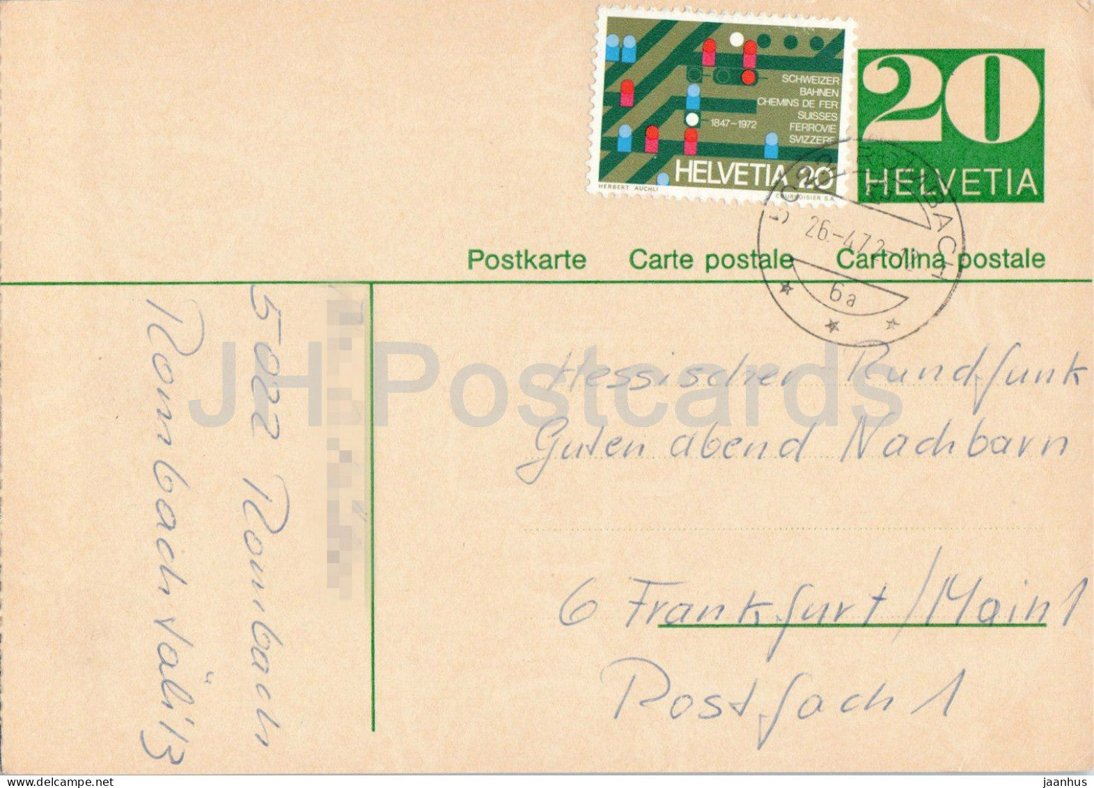 Guten Abend Nachbarn - Hessischer Rundfunk - postal stationery - 79 - 1972 - Switzerland - used - JH Postcards