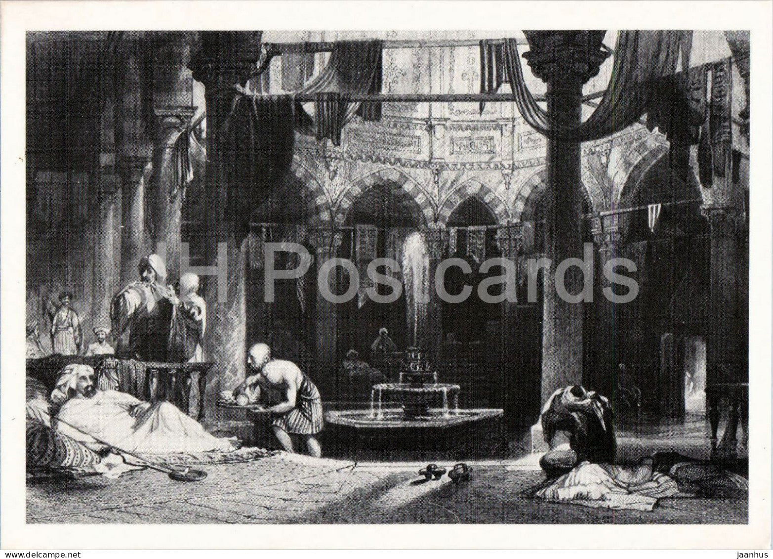 engraving by Thomas Allom - Turkish Bath near Yedikule - Istanbul - Turkisches Bad - British art - Germany - unused - JH Postcards