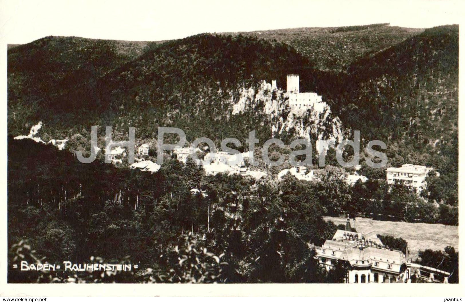 Baden - Rauhenstein - castle ruins on forested hill - spa town below - 81598 - old postcard - 1928 - Austria - used - JH Postcards