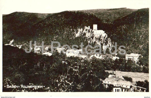 Baden - Rauhenstein - castle ruins on forested hill - spa town below - 81598 - old postcard - 1928 - Austria - used - JH Postcards