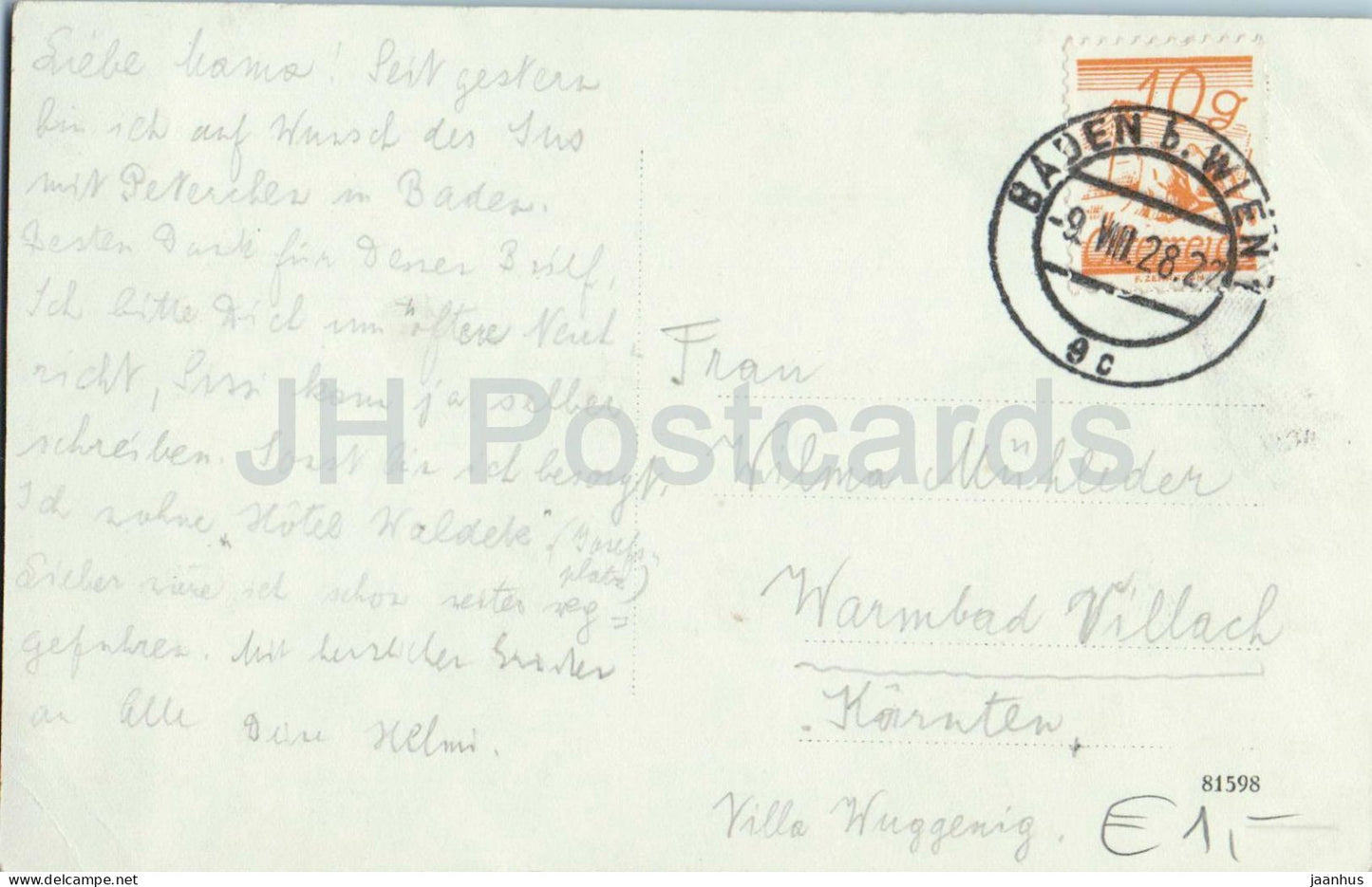 Baden - Rauhenstein - castle ruins on forested hill - spa town below - 81598 - old postcard - 1928 - Austria - used