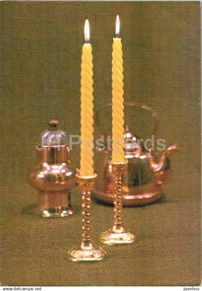 New Year Greeting card - 3 - candles - teapot - 1988 - Estonia USSR - used - JH Postcards
