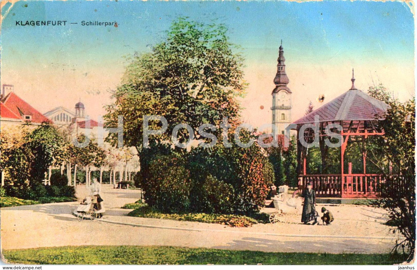 Klagenfurt - Schillerpark - early color park view with pavilion and people - 813 - old postcard - 1917 - Austria - used - JH Postcards