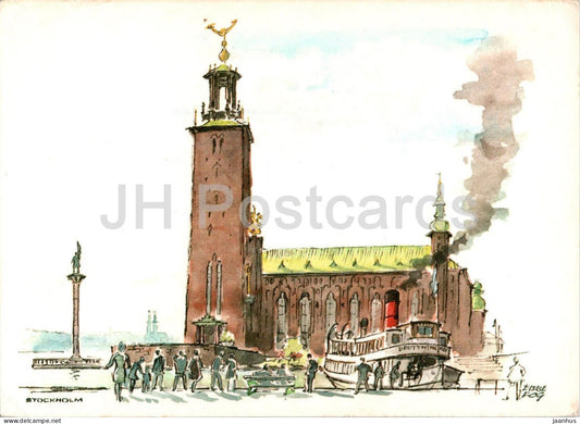 Stockholm - Stadshuset - The City Hall - ship Drottningholm - illustration by Ebbe Fog - 60-7152/6 - Sweden - unused - JH Postcards