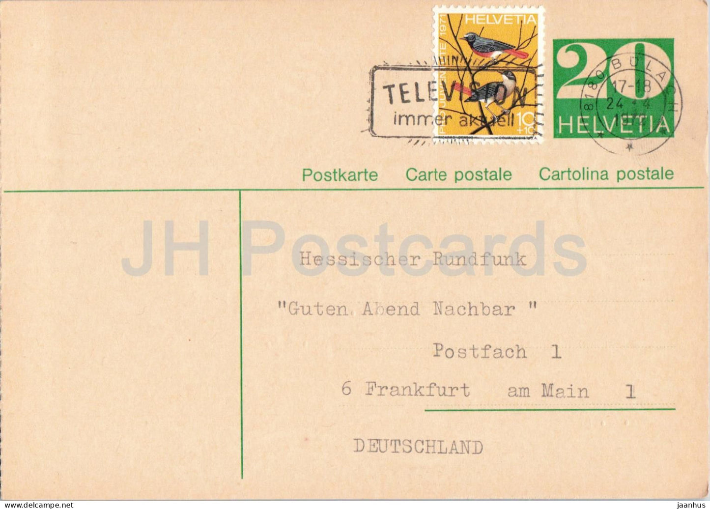 Guten Abend Nachbarn - Hessischer Rundfunk - postal stationery - 74 - 1972 - Switzerland - used - JH Postcards