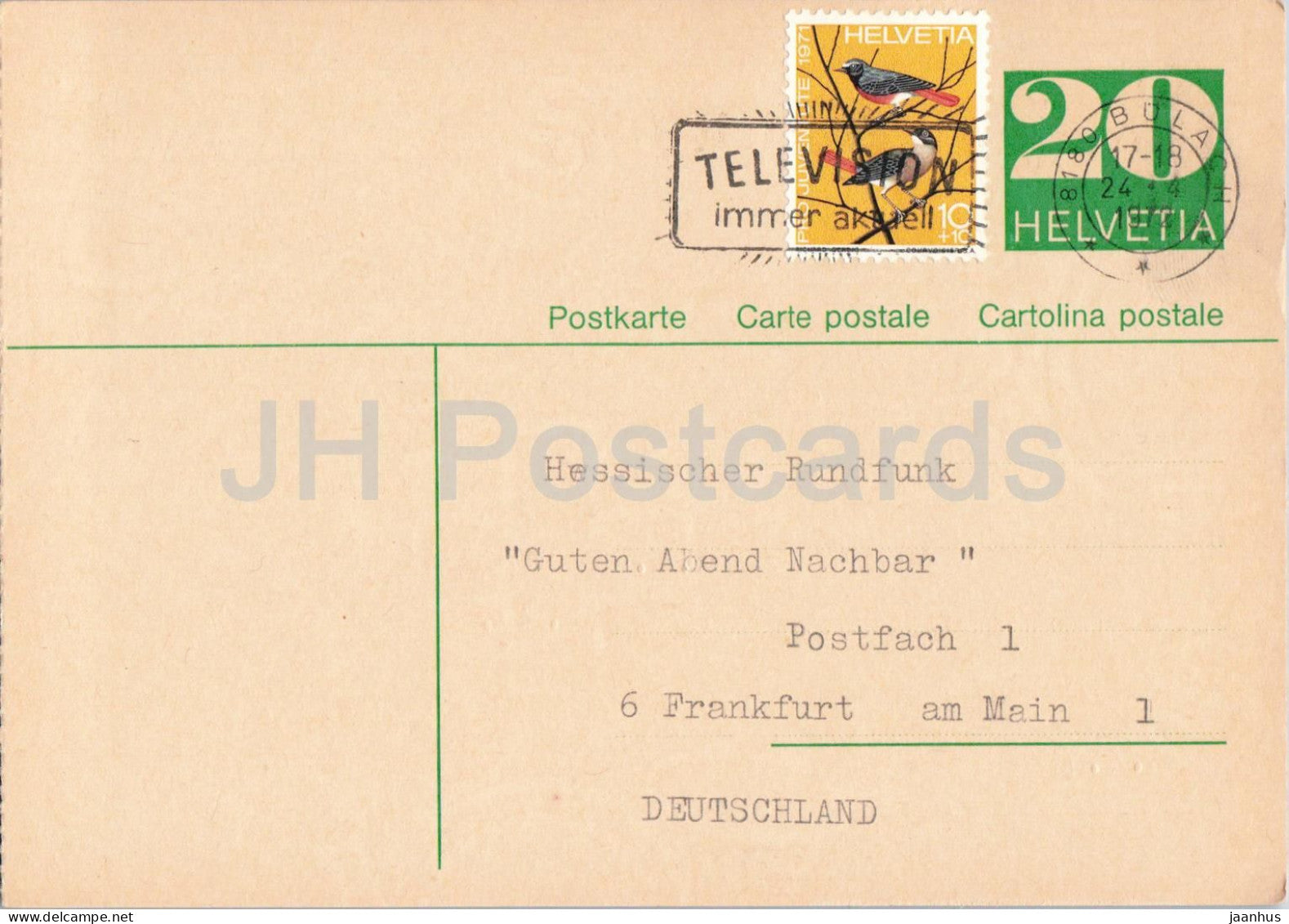 Guten Abend Nachbarn - Hessischer Rundfunk - postal stationery - 74 - 1972 - Switzerland - used - JH Postcards