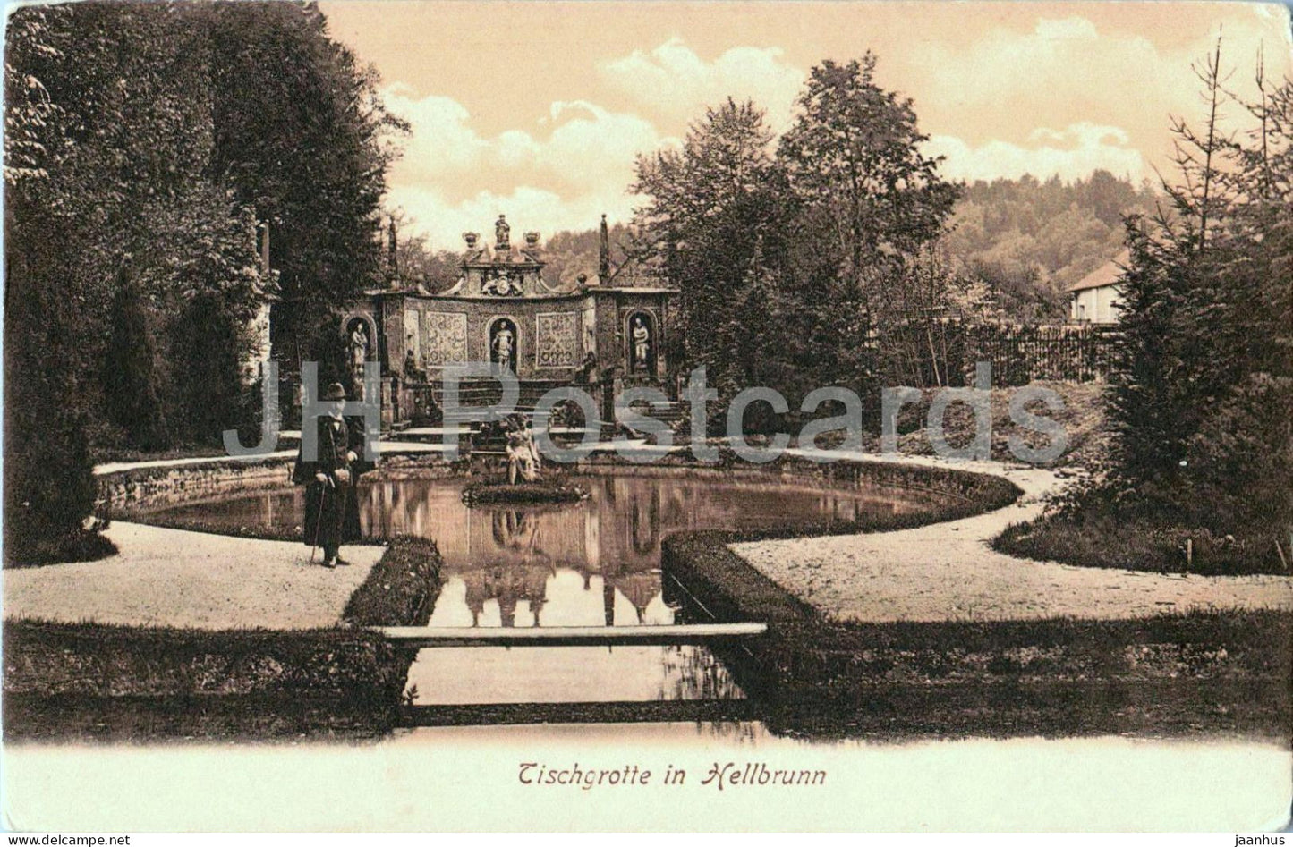 Tischgrotte in Hellbrunn - sculptures and pond - No. 4596 - old postcard - Austria - unused - JH Postcards