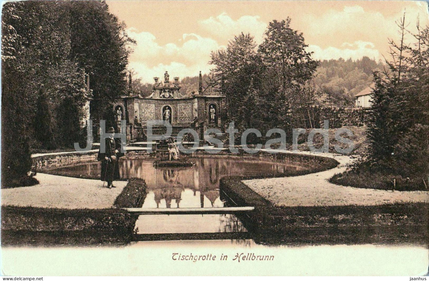 Tischgrotte in Hellbrunn - sculptures and pond - No. 4596 - old postcard - Austria - unused - JH Postcards