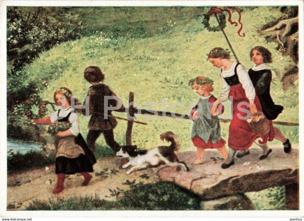 painting by Adrian Ludwig Richter - The Flower Strewing Children - Die Blumenstreukinder art 1953 - Germany DDR - unused - JH Postcards