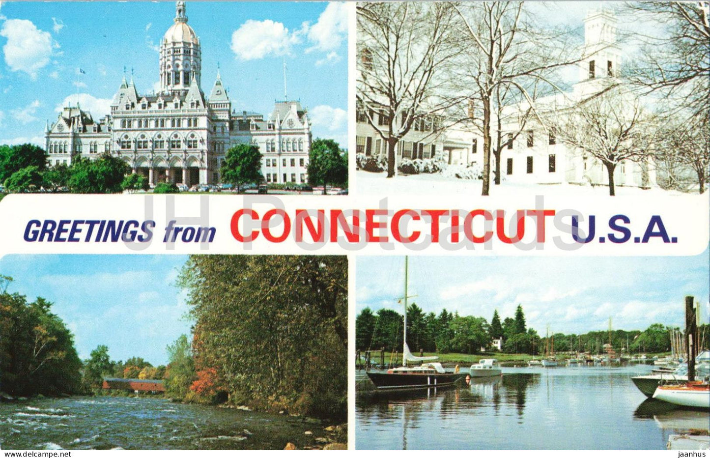 Greetings from Connecticut USA - Hartford Capitol - river boat - winter scene - multiview - 1987 - USA - used - JH Postcards