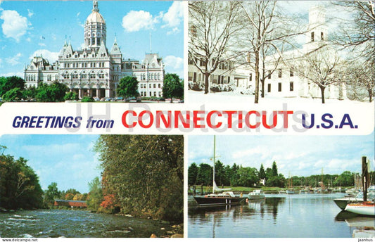 Greetings from Connecticut USA - Hartford Capitol - river boat - winter scene - multiview - 1987 - USA - used - JH Postcards